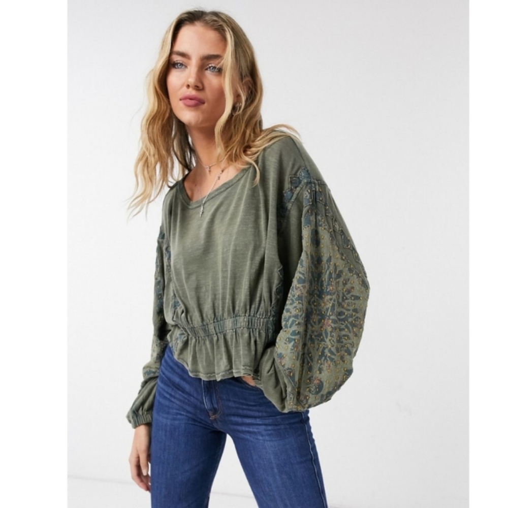Free People Throwback Embroidered Volume Sleeve Top in Army Green